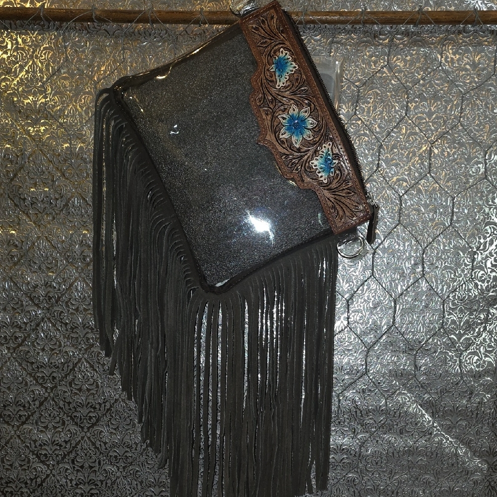 Boho Leather Tooled Clear Crossbody Fringed Black N Brown Women's Bag NEW